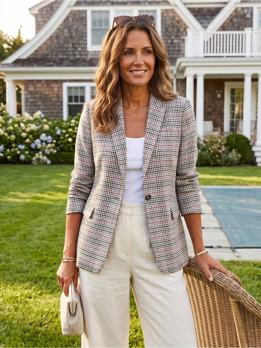 Talbots Women's Houndstooth Plaid Wool Blend Classic Career Minimalist Blazer